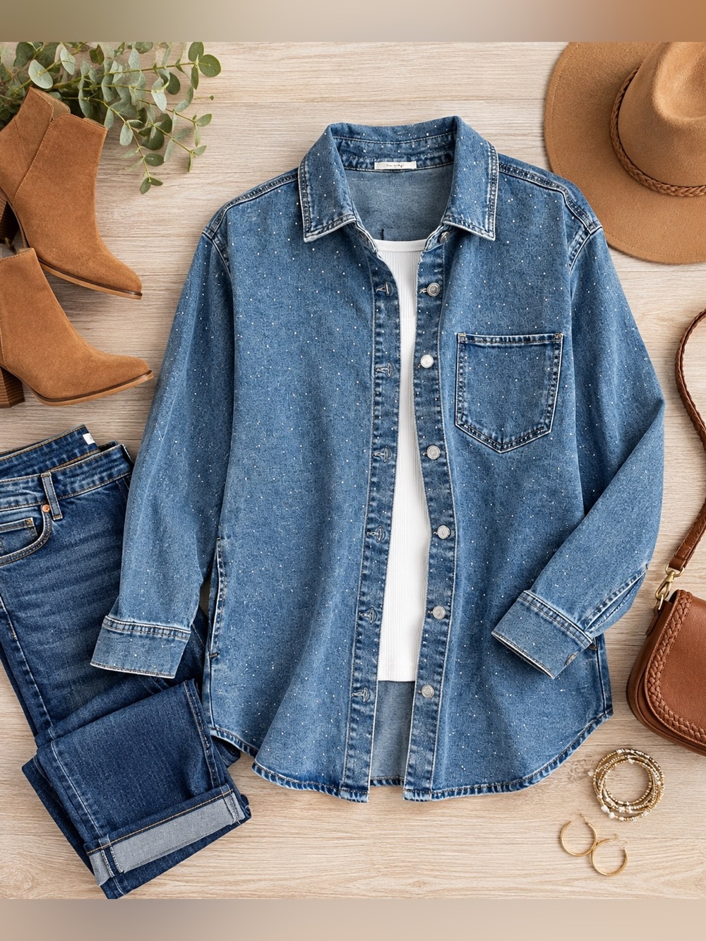 Maurices NWT Sparkle Denim Shacket Blue Button Front size Large